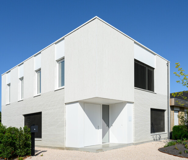 Moderne woning met overkragende witte verdieping en minimalistische inkom